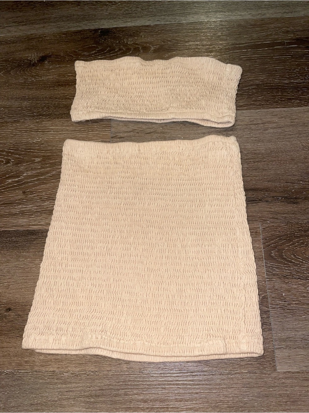 Edikted beige smocked tube top skirt set